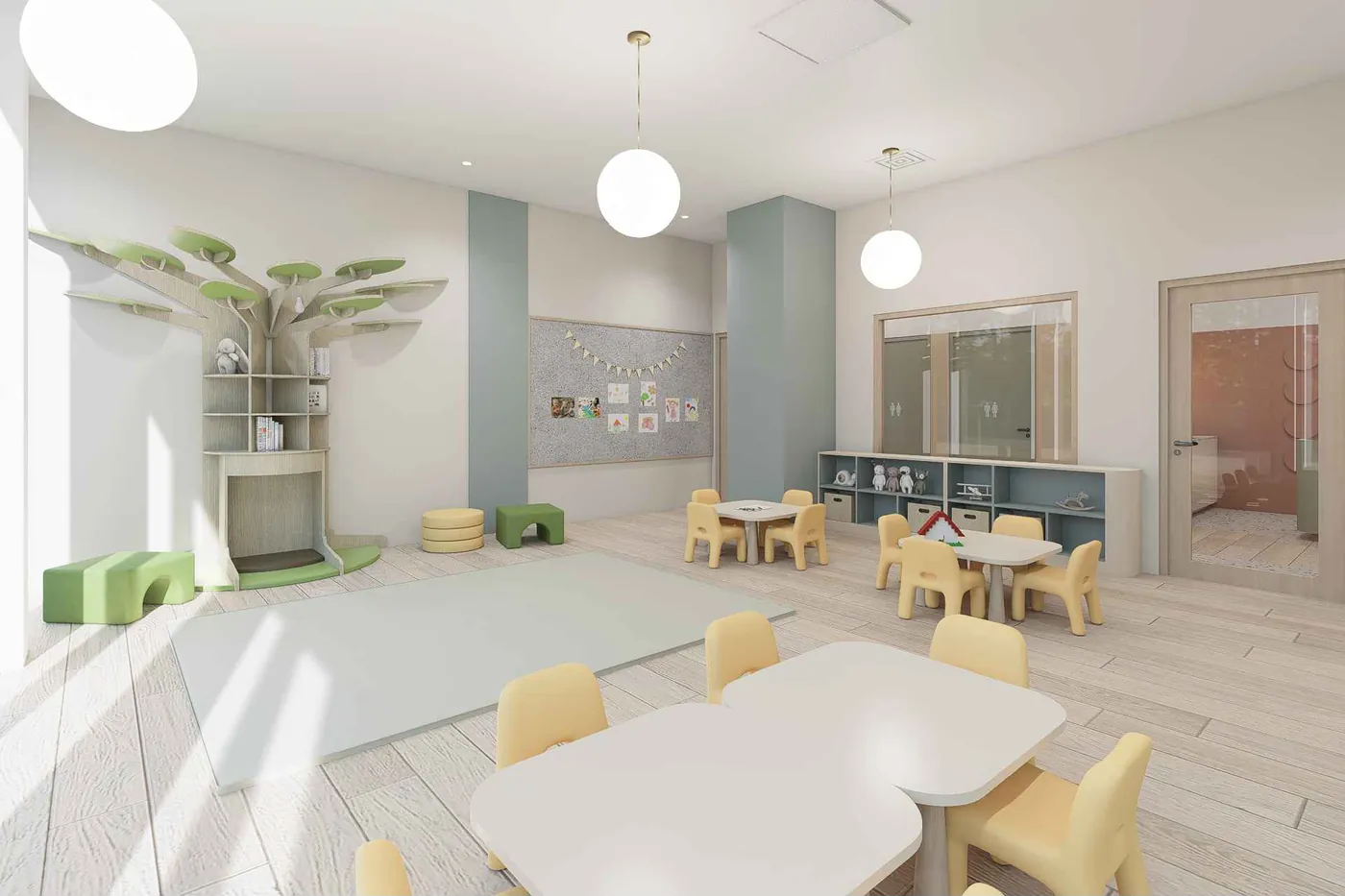 Toddler room with climbing tree and reading nook